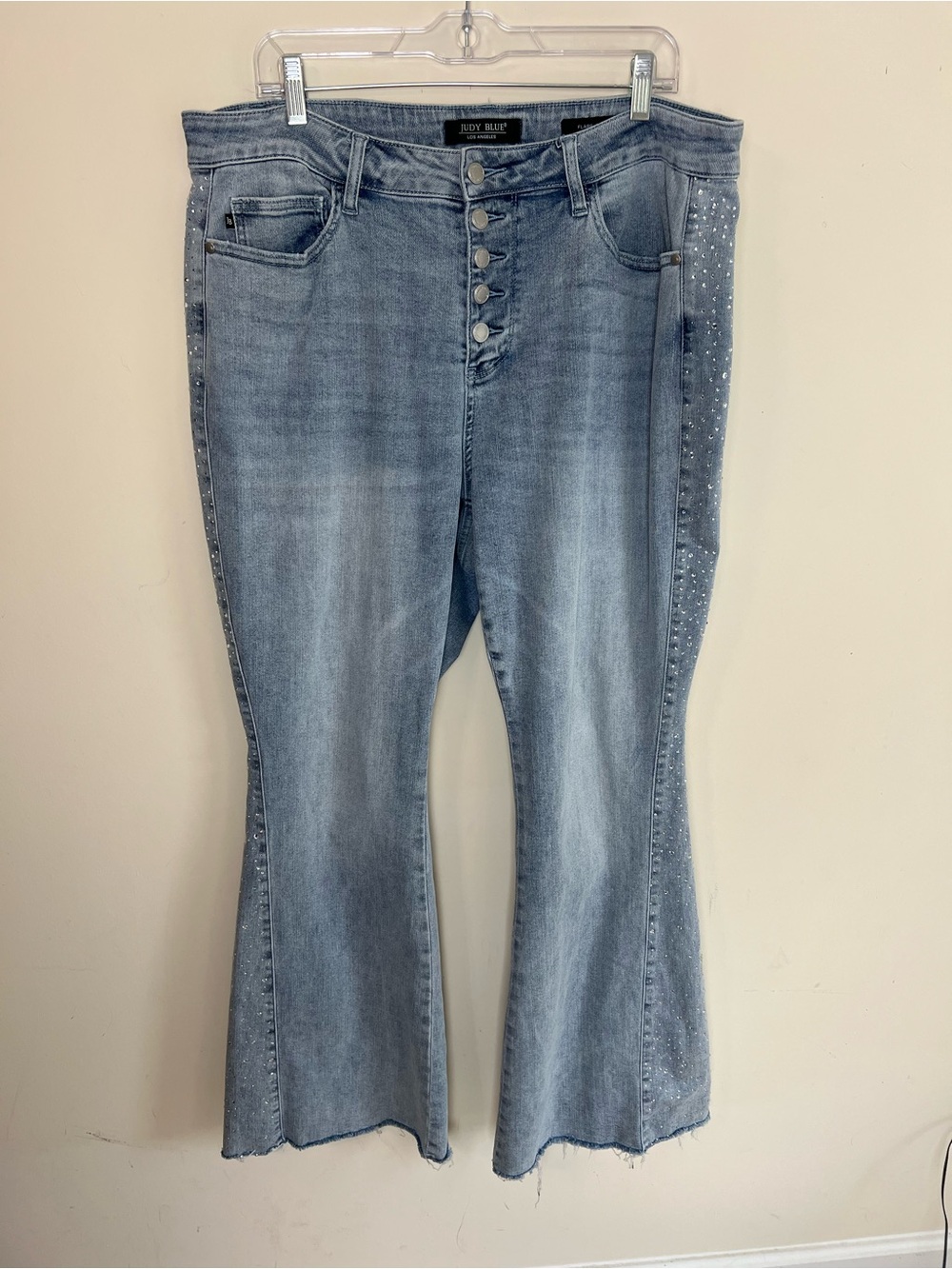 Judy Blue Light Blue Button-Fly Flare Jeans with Side Rhinestones